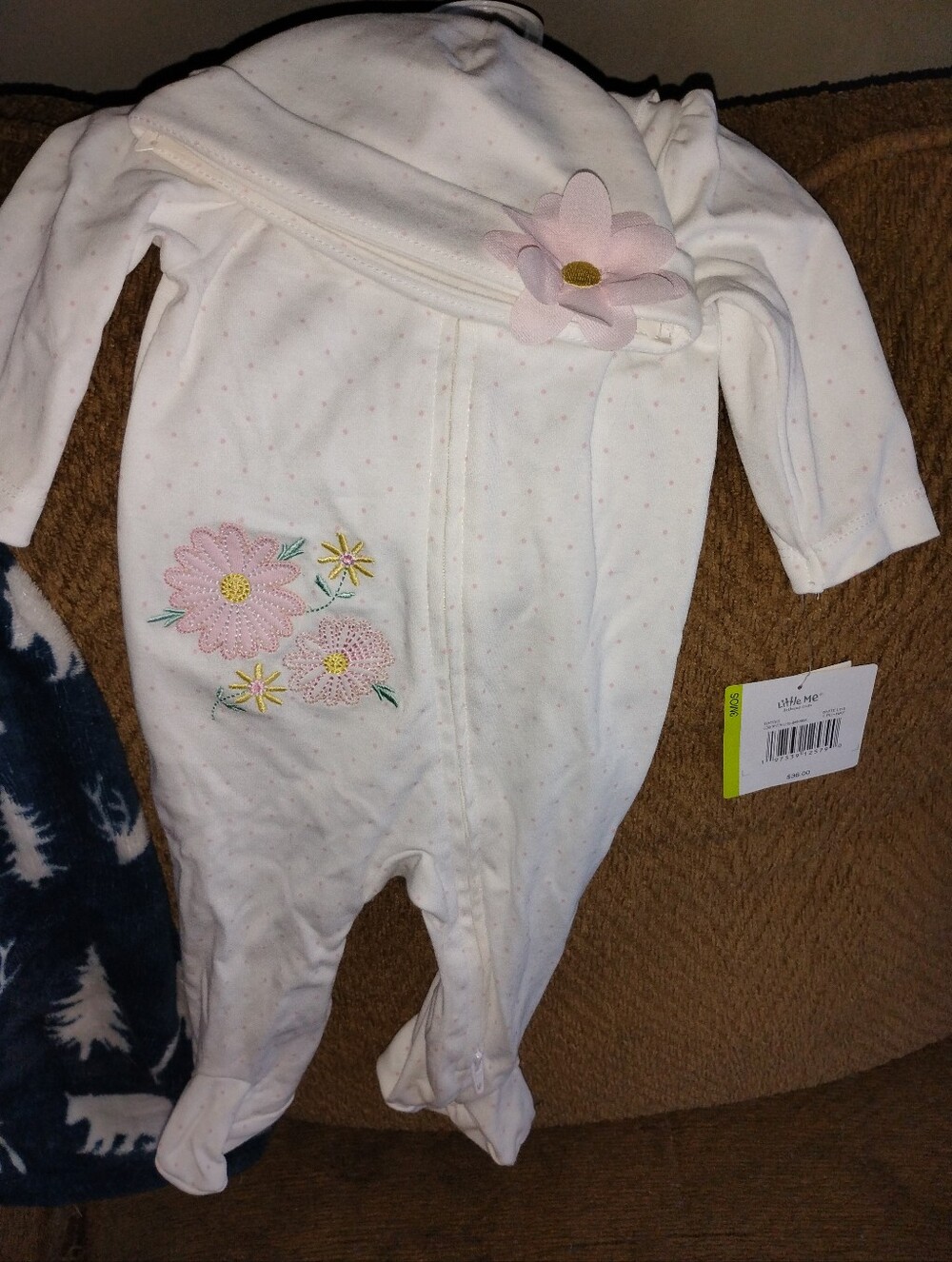 Baby Little Me Cream One-Piece with Pink Floral Applique and Hat